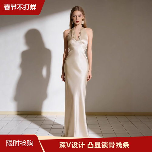 薇珞蘭VELORA设计感深V醋酸长裙明星同款千金风度假婚礼宴会礼服