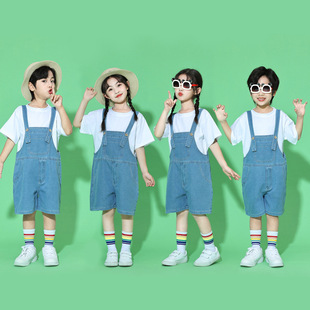 套装 六一童女童牛仔背带短裤 夏季 幼儿园毕业班服儿童合唱演出服