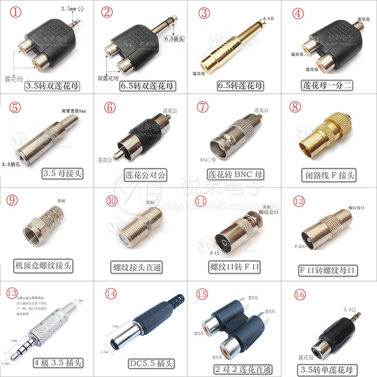 音频线接头 BNC 6.5 3.5转莲花一分二直通 焊接4节耳机公母 F头DC图片