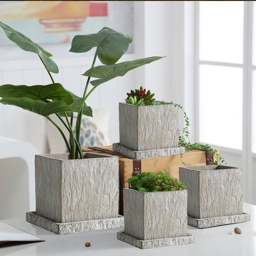 北欧创意仿石头发财树方形水泥