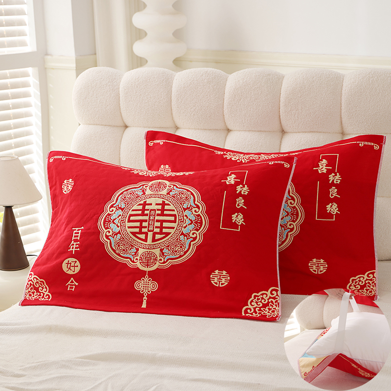 全棉纯棉纱布枕巾情侣婚庆福字