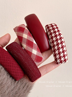 新年红色格纹海绵发夹女后脑勺碎发bb夹过年边夹侧边发卡夹子头饰