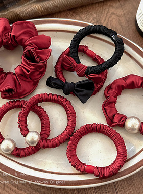 红色珍珠蝴蝶结头绳2026新款高端发绳头饰高弹力丸子头花发饰发圈