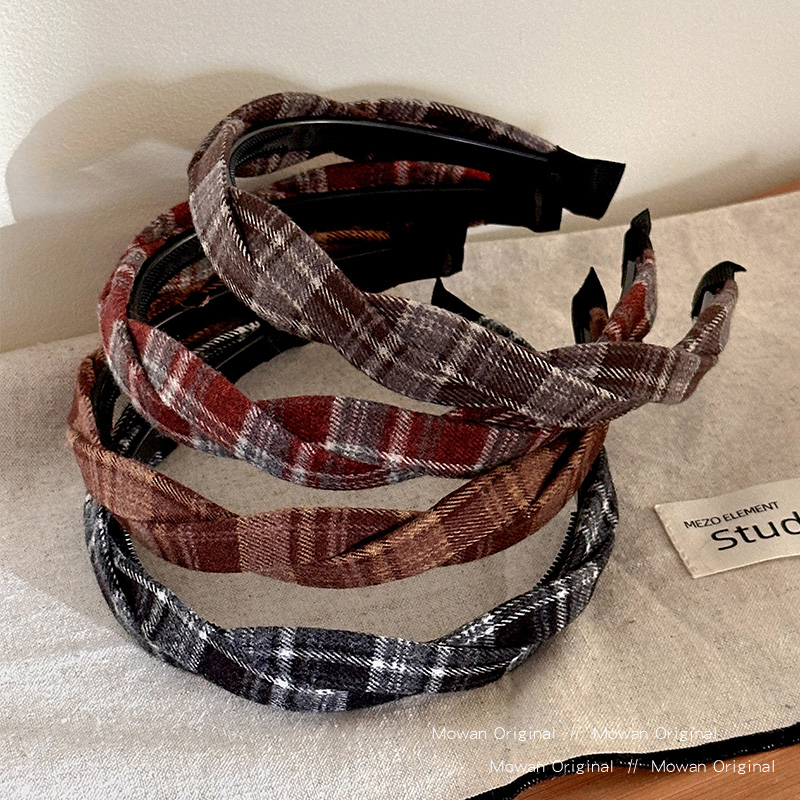 学院风布艺格纹麻花发箍女2025新款高级感洋气时尚头箍发卡头饰品