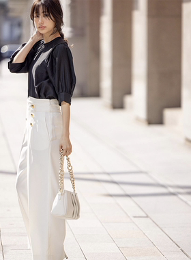 东京旗下PI*KY&DI*N*E日币2.9W高腰款金属扣装饰直筒九分裤白色