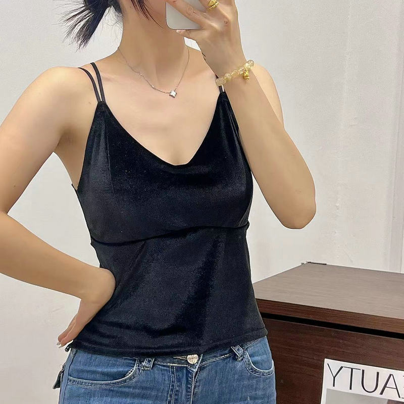 法式金丝绒吊带女内搭胸垫背心外穿性感蕾丝美背吊带背心带胸垫