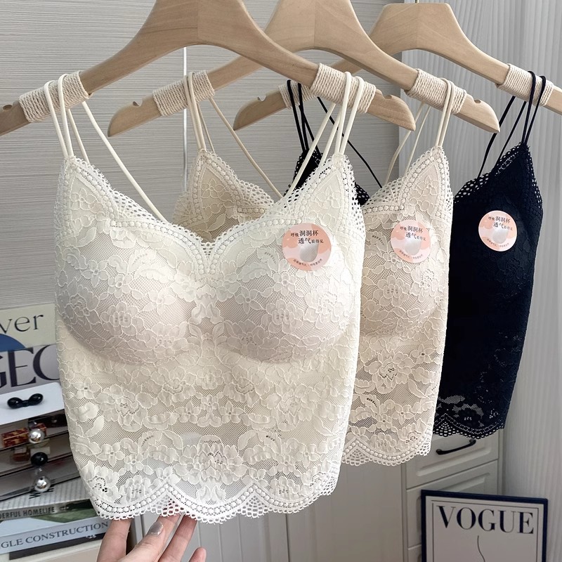 蕾丝美背吊带女胸垫外穿一体式交叉细肩带美背吊带背心女内搭内衣