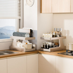 酷太厨房台面双层收纳置物架调料碗碟抽拉式收纳架子