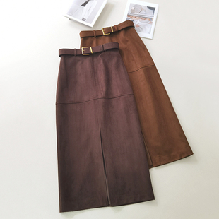 万人迷 进口牛皮绒小温馨优雅siren风气质H型半身裙秋 原生牛反绒