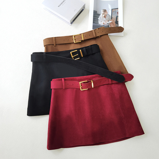 siren风 牛皮绒翻毛皮迷你A字半裙时髦轻奢超短裙秋 进口原生柔滑