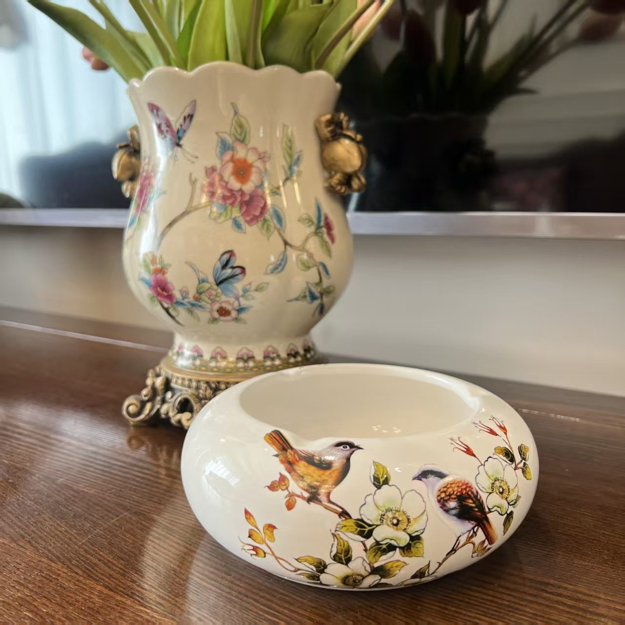 复古花卉鸟类图案陶瓷烟灰缸装饰摆件家居客厅茶几工艺品,家居饰品,装饰烟灰缸,淘宝优惠券,粉丝福利购,淘宝优惠卷