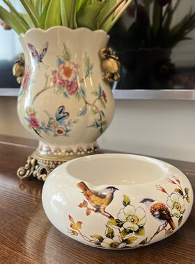 复古花卉鸟类图案陶瓷烟灰缸装饰摆件家居客厅茶几工艺品