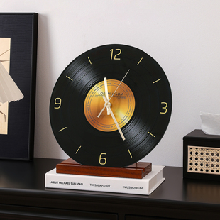 中古风复古黑胶唱片桌面时钟摆件客厅餐边电视柜意式 饰座钟 极简装