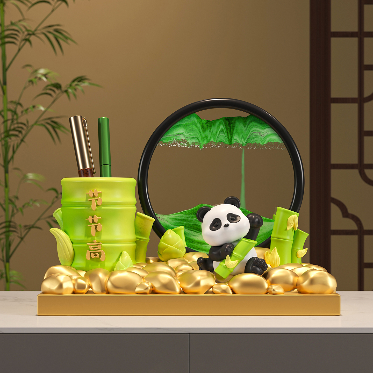 熊猫文创笔筒流沙画摆件轻奢高级感毕业礼物送老师办公室桌面装饰