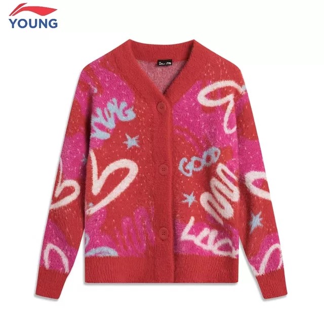 李宁童装025春款女童中大童连衣裙儿童羊毛新年款开衫毛衫YMBV002