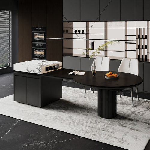 岛台餐桌一体式家用多功能可伸缩折叠岩板餐桌2025新款中岛台圆桌