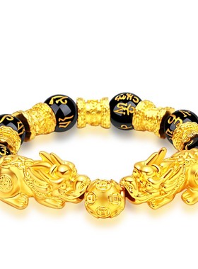 正品越南沙金双貔貅手链女士情侣黑曜石六子真言男款大气手串转运