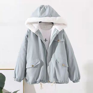 初中学生棉袄女短款冬季羊羔连帽加绒加厚棉服新韩版可爱棉衣外套
