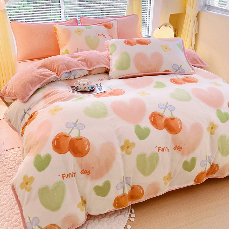 小清新全棉加绒被套单件牛奶绒