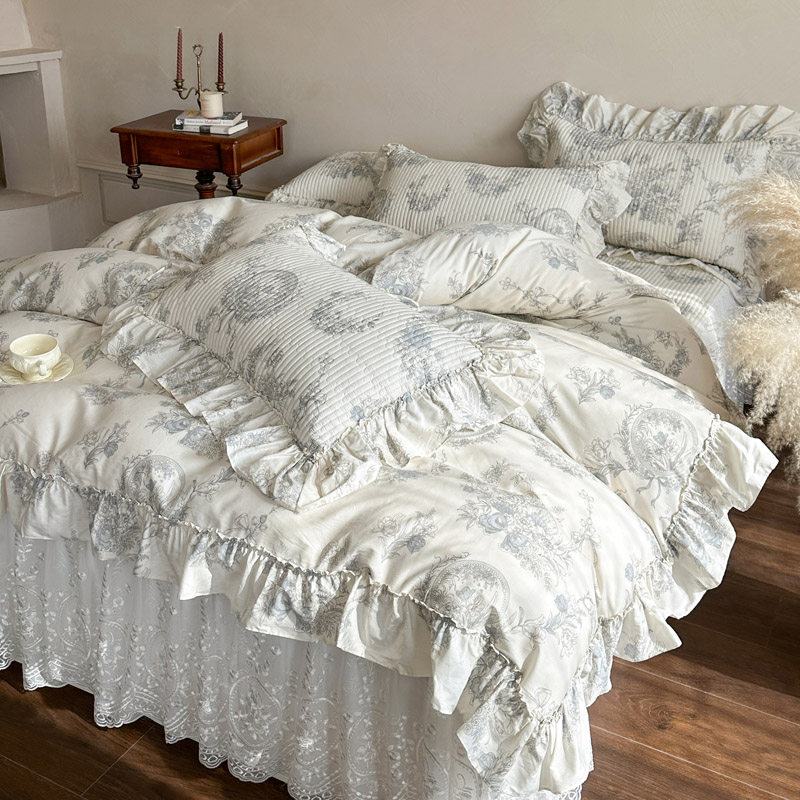 法式全棉加厚床裙四件套高级感韩式亲肤纯棉被套蕾丝花边夹棉床罩