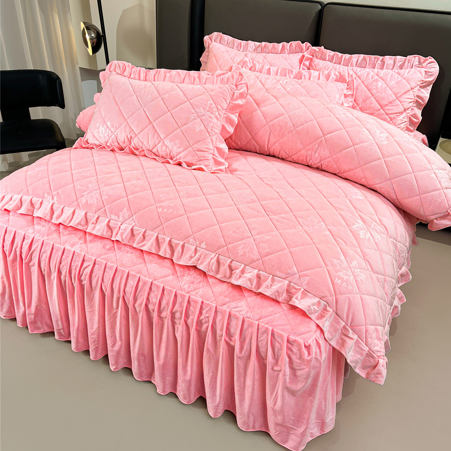 水晶绒被套夹棉绗缝公主风花边款