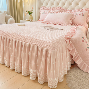 韩版粉色公主风牛奶绒蕾丝床裙单件夹棉加厚床单加绒保暖防滑床罩