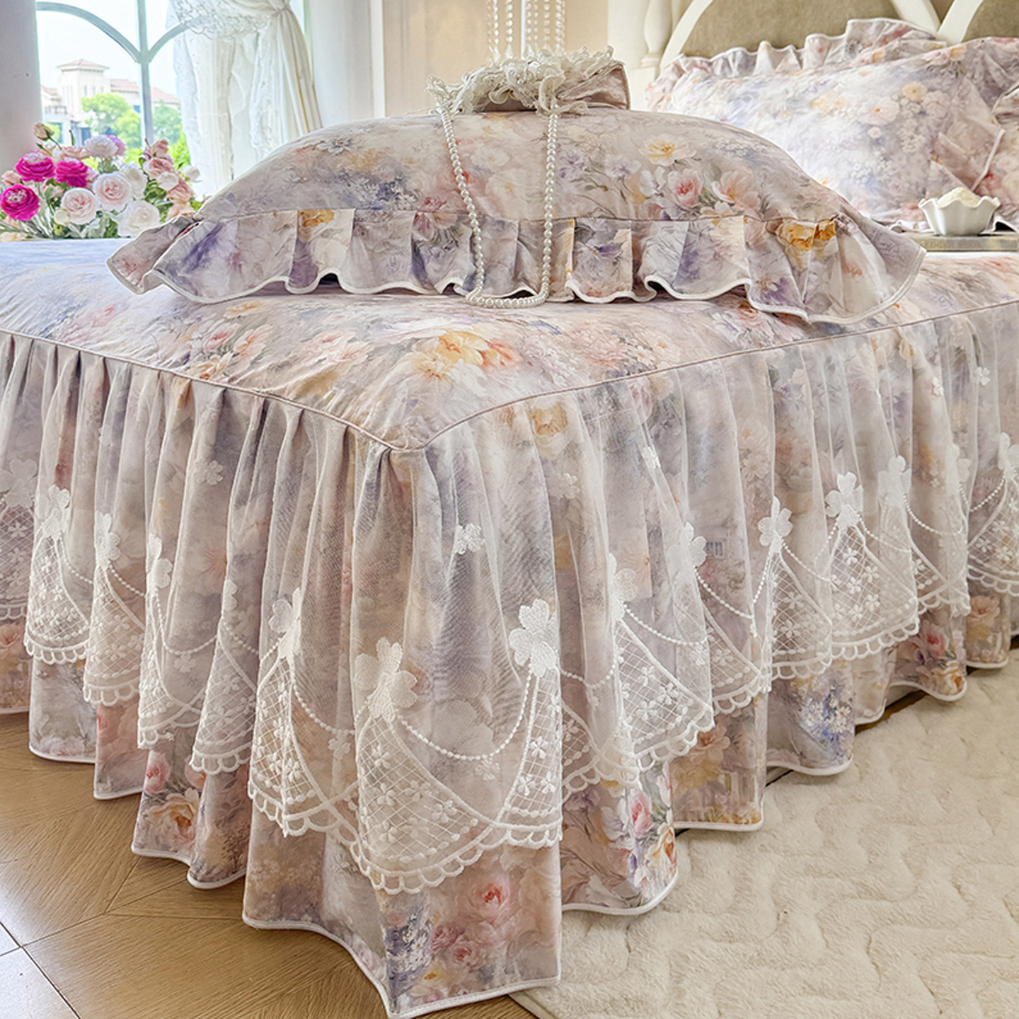 高级感全棉数码印花床裙式床罩单件荷叶花边公主田园风床单三件套