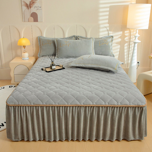 A类牛奶绒单件夹棉床裙款 简约纯色床围裙秋冬加绒加厚床罩三件套