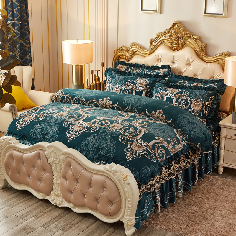 欧式床上四件套床裙款无床尾夹棉加厚两边床罩保暖水晶绒加绒冬季