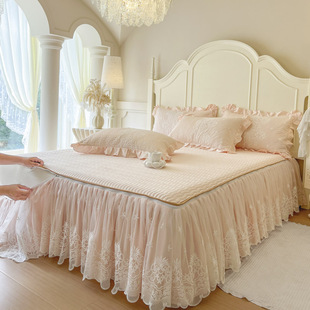 高端60S长绒棉全棉床笠式 公主风可拆卸蕾丝花边纯棉床罩套 床裙款