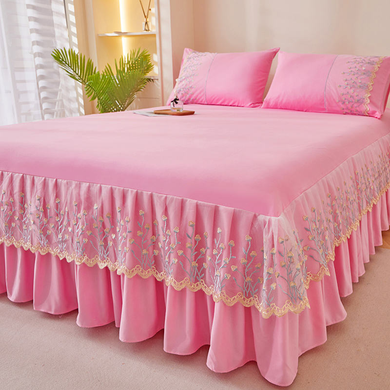 夏季蕾丝花边床裙式床罩单件防尘遮丑纯色床套三件套防滑罩保护套