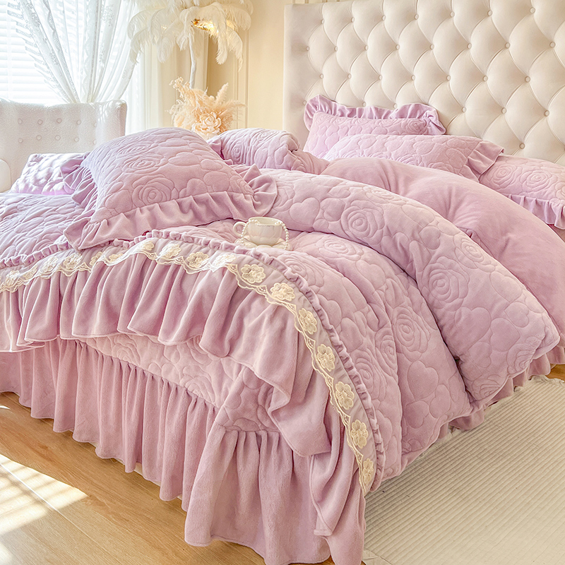 韩版牛奶绒床盖四件套少女心双面加绒被套花边夹棉珊瑚绒床单被单