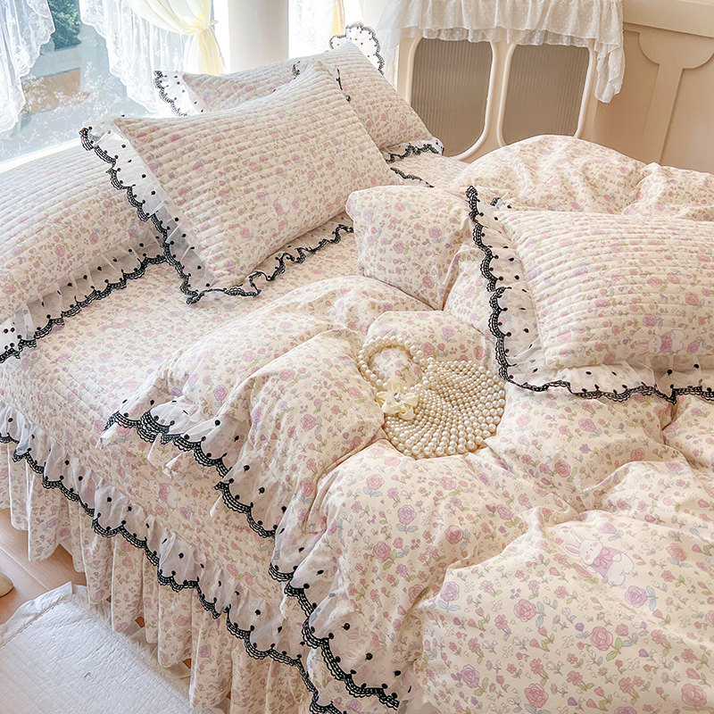 韩式全棉床盖款四件套田园碎花亲肤纯棉被套夹棉床单四季通用床品