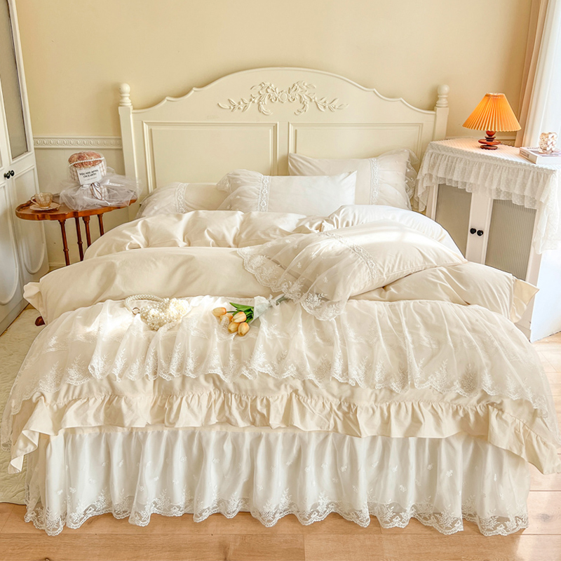 全棉法式公主风床上四件套纯棉高档刺绣蕾丝花边床单被套四季通用