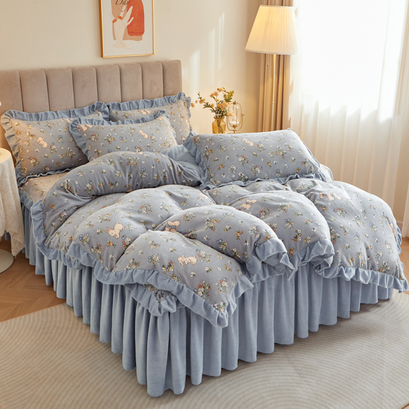 冬天加厚小香风牛奶绒被套单件保暖荷叶花边三四件套双面加绒被罩
