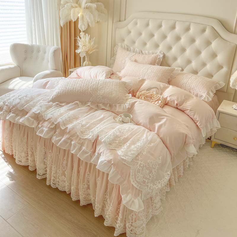 韩式公主风夹棉床裙四件套法式浪漫蕾丝花边被套防滑床罩四季通用