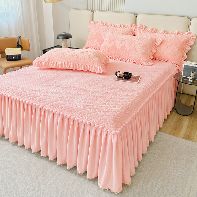 冬天加厚牛奶绒床裙式床罩单件夹棉花边床单床盖珊瑚绒床套冬季款