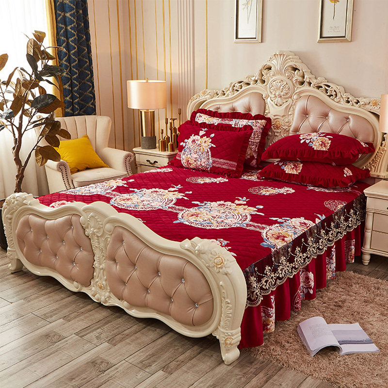 加厚欧式无床尾夹棉蕾丝床裙两边床罩单件保暖水晶绒床单毛绒床套