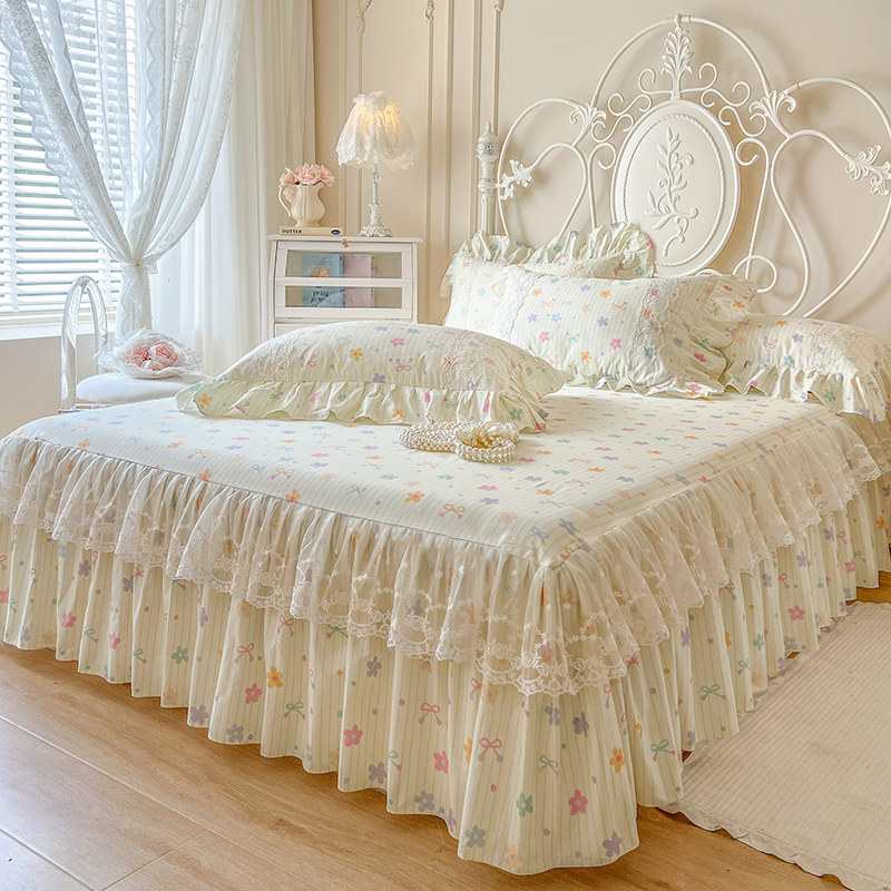四季通用全棉床裙款三件套韩版碎花亲肤纯棉床围裙单件防滑床罩套