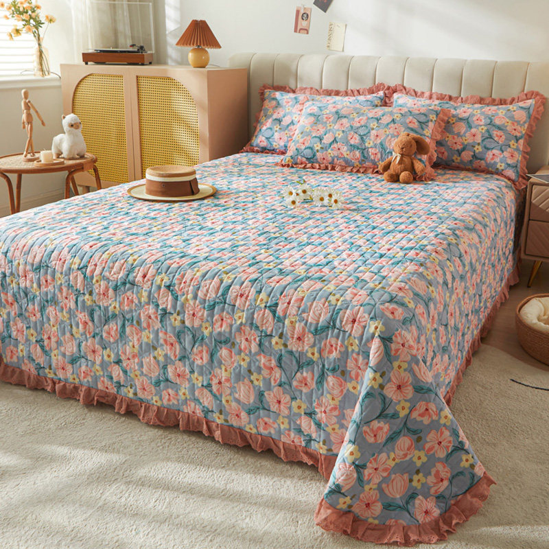 韩版夹棉绗缝床盖单件荷叶花边床单三件套榻榻米床铺盖毯四季通用,床上用品,床盖,淘宝优惠券,粉丝福利购,淘宝优惠卷