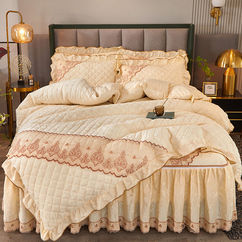 欧式天鹅绒床笠床裙一体四件套全夹棉加厚被套花边公主风加绒冬天