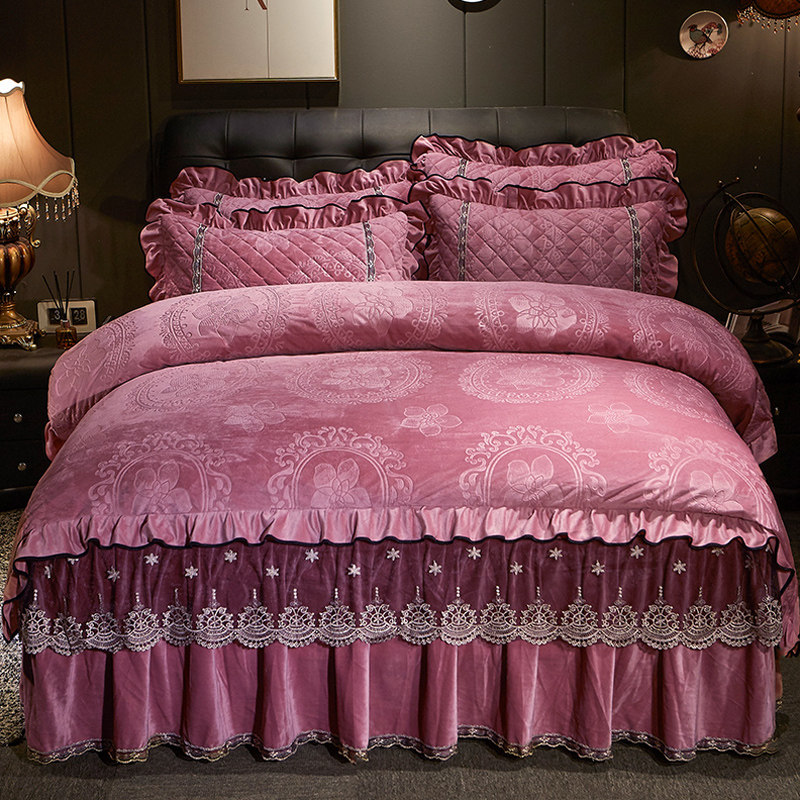 冬天加厚水晶绒夹棉床裙四件套欧式床罩法兰绒保暖双面绒被套加绒