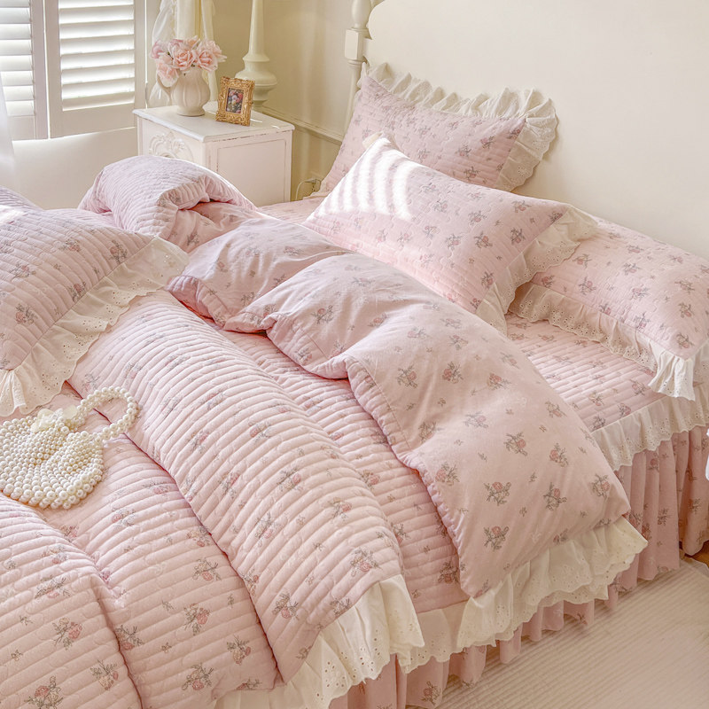 韩式竹节纱单件夹棉被套碎花带花边2.2x2.4被罩四季通用加厚被单