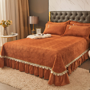 夹棉绗缝床盖三件套大尺寸珊瑚绒加厚加绒刺绣花边床单单件