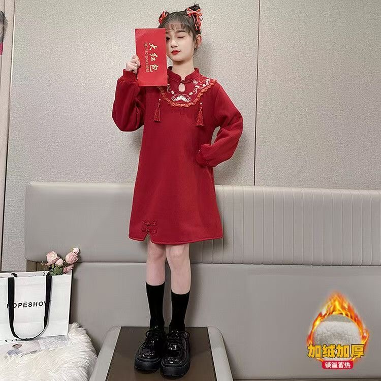 女童新年秋冬连衣裙儿童中大童中国风加绒旗袍裙女孩复古红色裙子