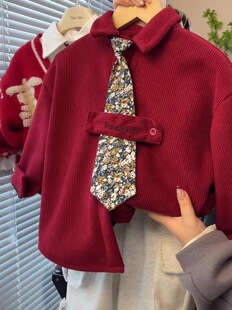 男童国风新中式拜年服红色衬衫外套2026新款中大童翻领灯芯绒正装