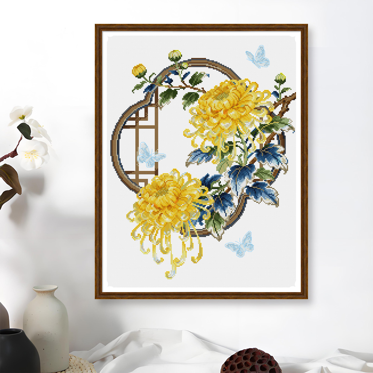 春天十字绣2026新款线绣竖版客厅窗边金菊花卉中式挂画新手简单绣