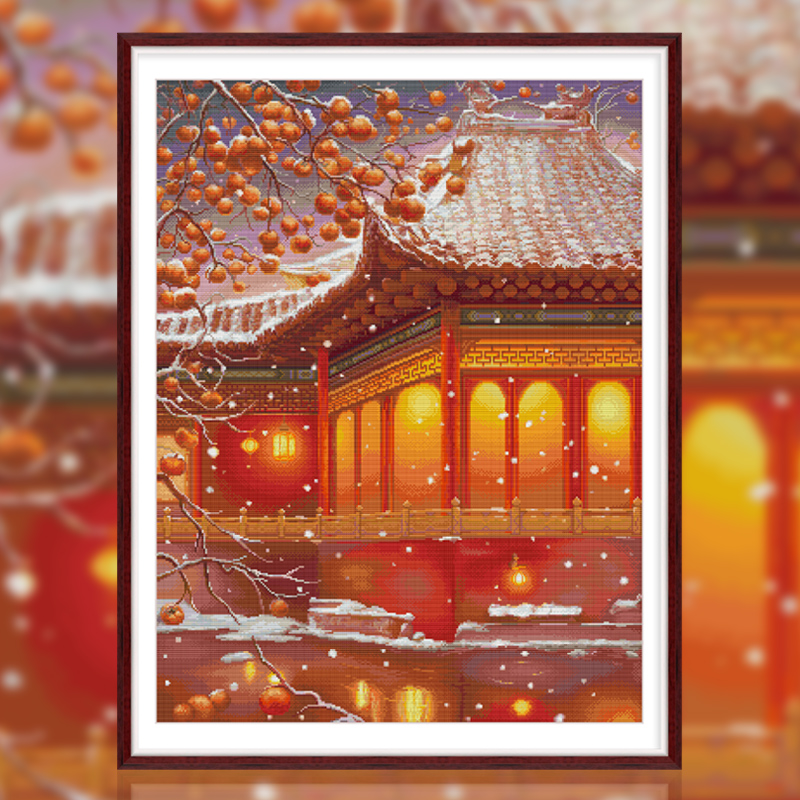 春天十字绣中式客厅故宫飞雪风景