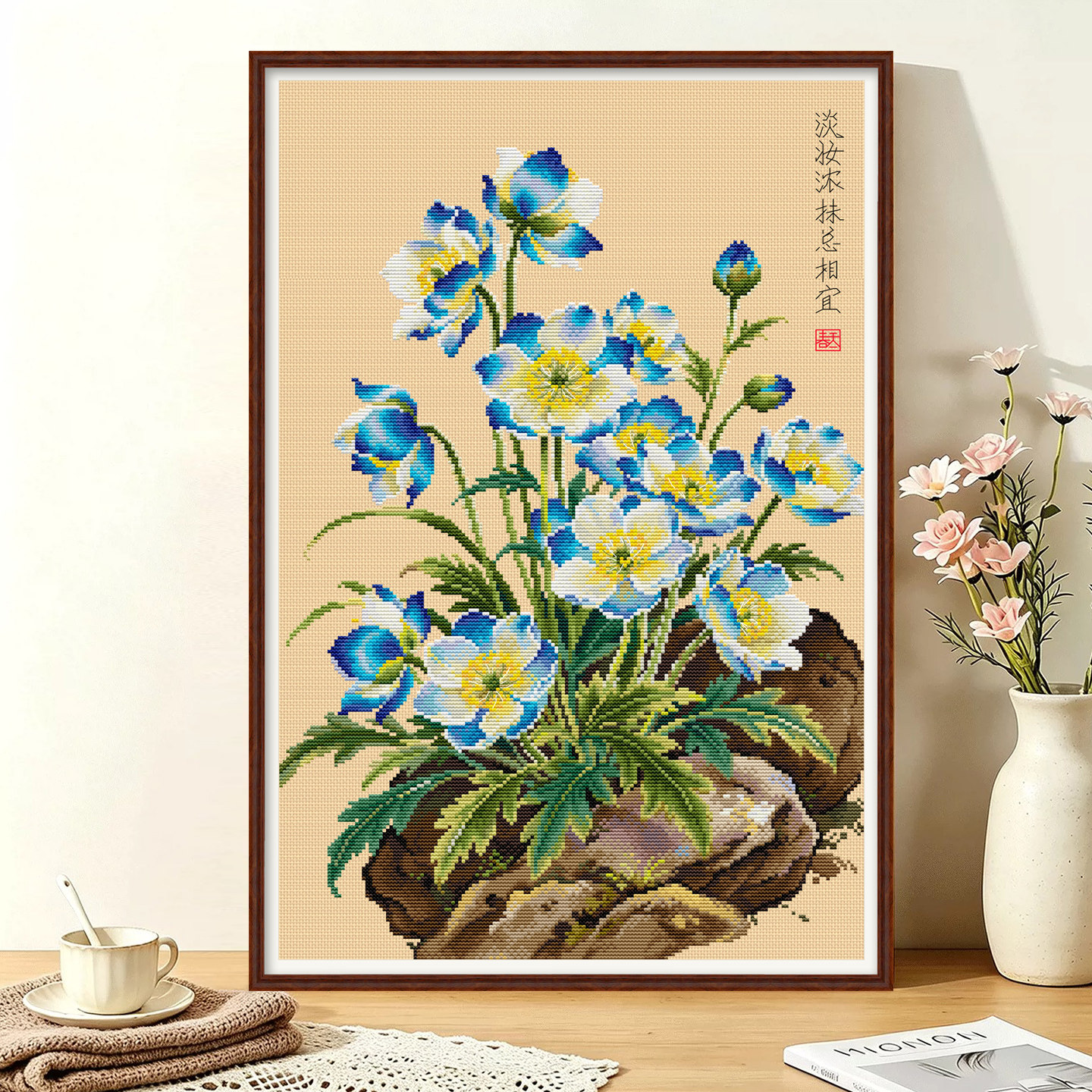 春天十字绣2026新款线绣雪莲花卉淡雅蓝色竖版中式客厅玄关自己绣