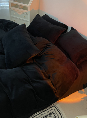 简约纯黑色冬天双面珊瑚绒四件套牛奶法兰绒厚被套床单床笠三件套